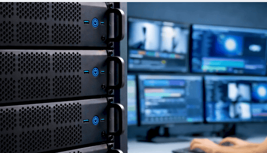 Man looking at computers in a server room environment