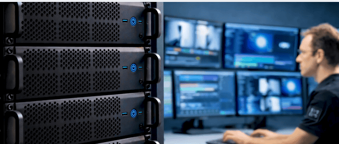 Man looking at computers in a server room environment
